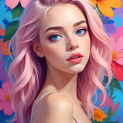 A White Girl With Light Skin 22 Years Old With Colorful Hair And Flowers Light Pink Lips Blue Eyes In A Colorful Background 21 Ce20