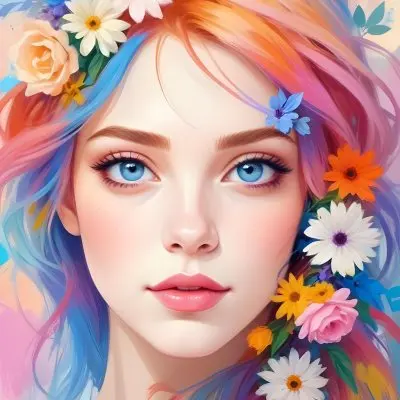 A White Girl With Light Skin 22 Years Old With Colorful Hair And Flowers Light Pink Lips Blue Eyes In A Colorful Background 22 A619