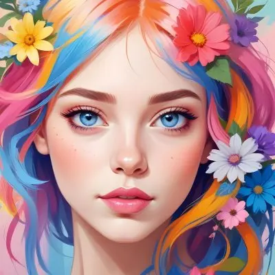 A White Girl With Light Skin 22 Years Old With Colorful Hair And Flowers Light Pink Lips Blue Eyes In A Colorful Background 24 0ede