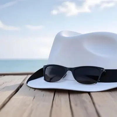 A White Hat With A Black Ribbon And Sunglasses On A Wooden Surface With A Blurred Background Of The Sea And Sky 26 21e0