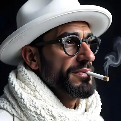 A White Man Age 35 With A Beard And Glasses Wearing A Black Hat And Scarf Smoking A Cigarette In A Dark Background 5 1cec