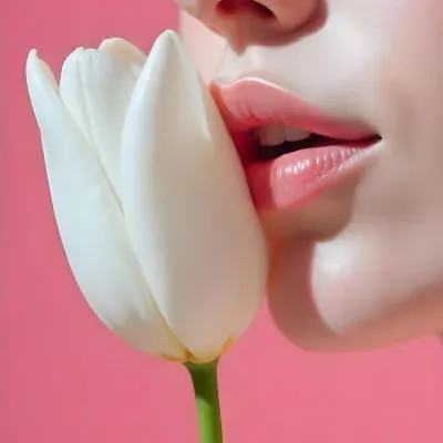 A White Woman 22 Years Old With Fair Skin And Pink Lips Next To A White Tulip In A Pink Background 16 203c