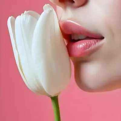 A White Woman 22 Years Old With Fair Skin And Pink Lips Next To A White Tulip In A Pink Background 26 C81f