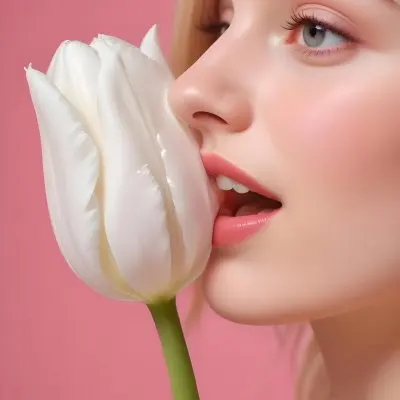 A White Woman 22 Years Old With Fair Skin And Pink Lips Next To A White Tulip In A Pink Background 40 A224
