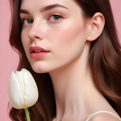 A White Woman 22 Years Old With Fair Skin And Pink Lips Next To A White Tulip In A Pink Background 46 Cfd1