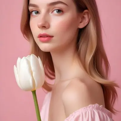 A White Woman 22 Years Old With Fair Skin And Pink Lips Next To A White Tulip In A Pink Background 59 5c1d