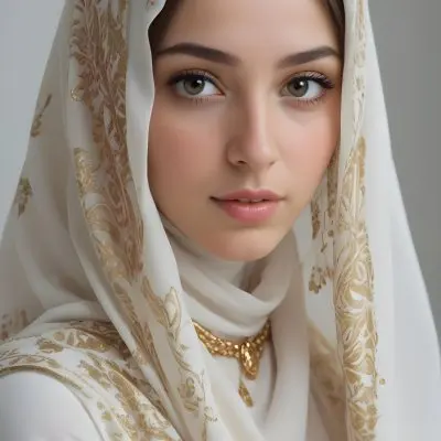 A White Woman 22 Years Old With Light Skin And Brown Hair Wearing A White And Gold Hijab And A Golden Necklace In A White Background 37 5983