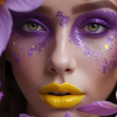 A White Woman 23 Years Old Brown Hair With Purple Glitter Makeup And Yellow Lips Surrounded By Purple Flowers 22 C928