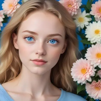 A White Woman 23 Years Old With Blue Eyes And Light Skin Surrounded By Flowers With A Blue Background 28 Be61
