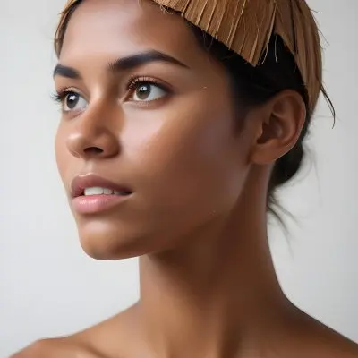 A White Woman 23 Years Old With Brown Eyes And Brown Coconut Shell Skin Looking To The Right In A White Background 20 51bf