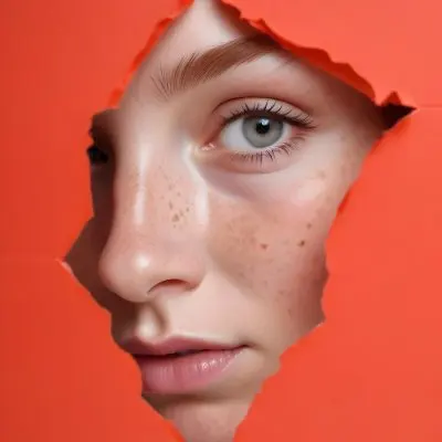 A White Woman 23 Years Old With Freckles And Red Hair Looking Through A Hole In A White Paper With A Neutral Expression And A Bright Studio Light 27 5726