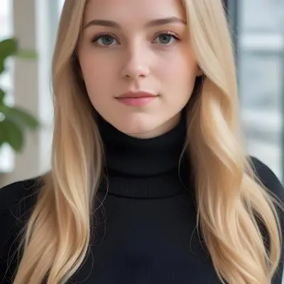 A White Woman 23 Years Old With Long Blonde Hair And Black Turtleneck Sweater In A Bright Indoor Environment 1 3493