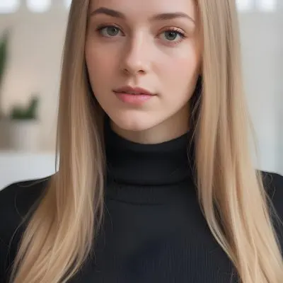 A White Woman 23 Years Old With Long Blonde Hair And Black Turtleneck Sweater In A Bright Indoor Environment 24 075b