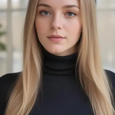 A White Woman 23 Years Old With Long Blonde Hair And Black Turtleneck Sweater In A Bright Indoor Environment 44 447e