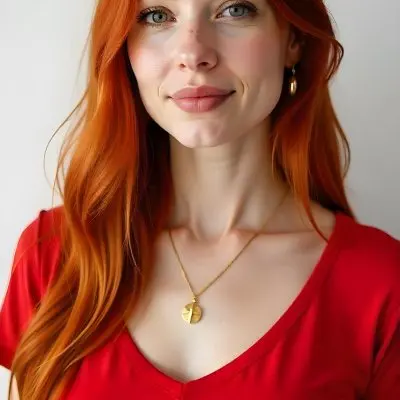 A White Woman 23 Years Old With Long Red Hair Wearing A Red T Shirt And A Golden Necklace Pink Lips Light Skin In A White Background 11 87e2