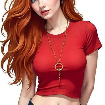 A White Woman 23 Years Old With Long Red Hair Wearing A Red T Shirt And A Golden Necklace Pink Lips Light Skin In A White Background 14 B7b2