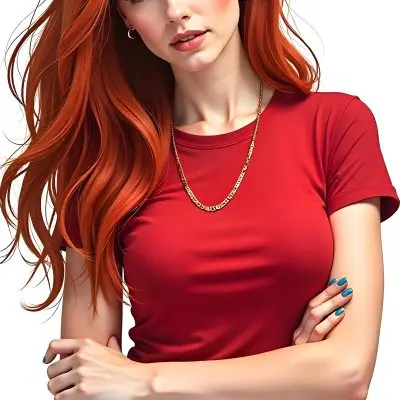 A White Woman 23 Years Old With Long Red Hair Wearing A Red T Shirt And A Golden Necklace Pink Lips Light Skin In A White Background 18 6376