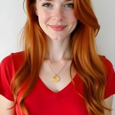 A White Woman 23 Years Old With Long Red Hair Wearing A Red T Shirt And A Golden Necklace Pink Lips Light Skin In A White Background 32 22ed