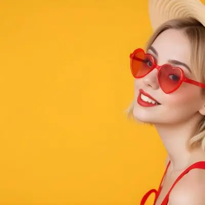 A White Woman 25 Years Old Blonde Hair Wearing A Straw Hat And Red Heart Shaped Glasses In A Yellow Background 18 Be38