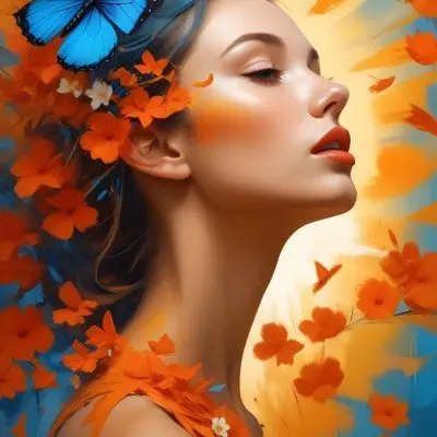 A White Woman 25 Years Old White Lips With A Orange Butterfly On Her Head White Flowers Around Her Face White Dress Yellow And Blue Background 10 Be28