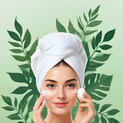 A White Woman 25 Years Old With A Towel On Her Head Applying Cream On Her Face With A Jar Of Cream In Her Hand Light Green Background With Leaves 3 7eb5