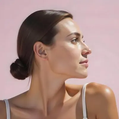 A White Woman 25 Years Old With Brown Hair In A Bun Looking To The Right Pink Background 20 41a4