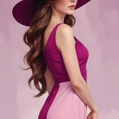 A White Woman 25 Years Old With Long Wavy Brown Hair Wearing A Pink Dress And A Purple Hat Pink Background 11 6dd0