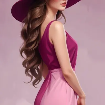 A White Woman 25 Years Old With Long Wavy Brown Hair Wearing A Pink Dress And A Purple Hat Pink Background 17 9323