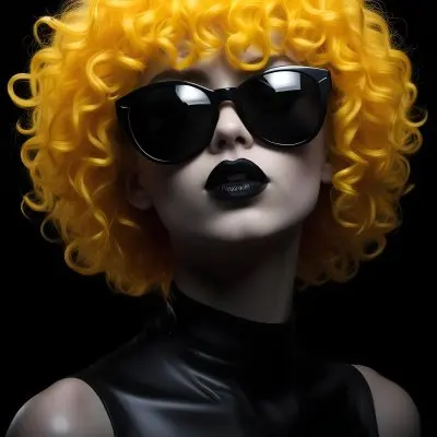A White Woman 27 Years Old With Yellow Curly Hair And White Sunglasses Black Lipstick Wearing A Black Leather Dress In A Black Background 12 B4c4
