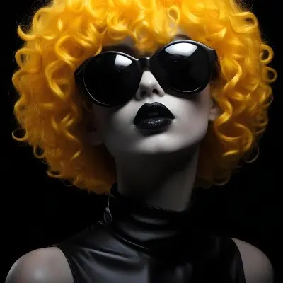 A White Woman 27 Years Old With Yellow Curly Hair And White Sunglasses Black Lipstick Wearing A Black Leather Dress In A Black Background 25 01c4