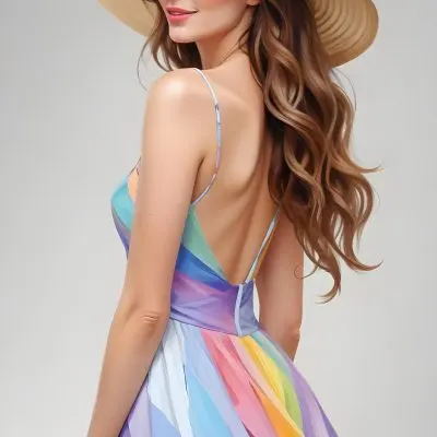 A White Woman 28 Years Old With Long Brown Wavy Hair Wearing A Rainbow Dress And A Straw Hat In A White Background 30 D9b0