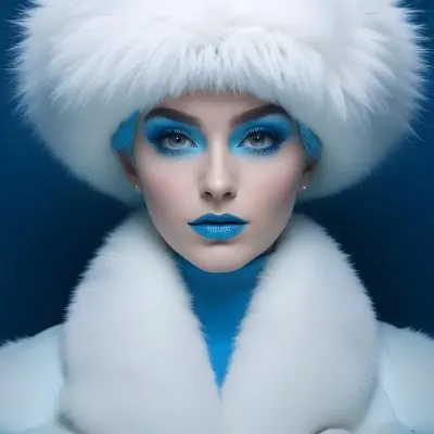 A White Woman Age 23 With Blue Makeup And A White Fur Hat And Coat Looking At The Camera In A Blue Background 15 Aa60