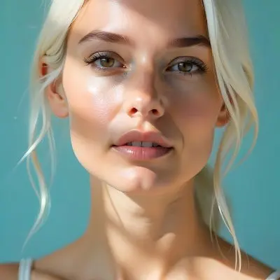 A White Woman Age 23 With Brown Eyes And White Hair Striped Shadows On Her Face Light Blue Background 1 0a96