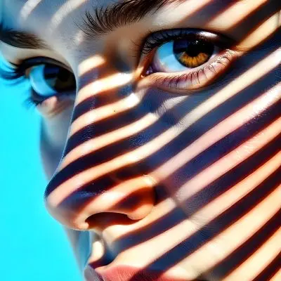 A White Woman Age 23 With Brown Eyes And White Hair Striped Shadows On Her Face Light Blue Background 11 B74f