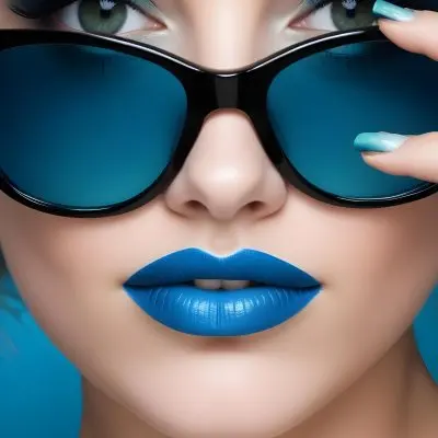 A White Woman Age 25 With Black Eyes And Green Lipstick Wearing Black Sunglasses With Blue Lenses In A White Background 30 C39b