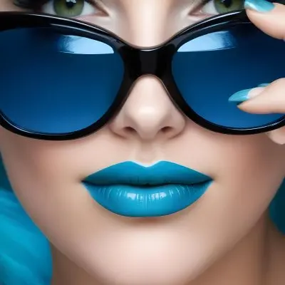 A White Woman Age 25 With Black Eyes And Green Lipstick Wearing Black Sunglasses With Blue Lenses In A White Background 36 4154