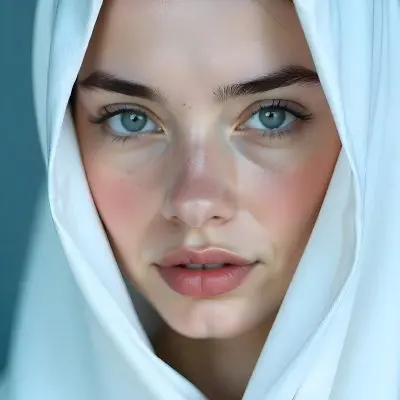A White Woman Age 25 With Black Eyes And White Eyelashes Partially Covered By A White Silk Veil In A Blue Background 1 818b