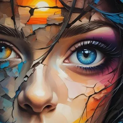 A White Woman Age 25 With Blue Eyes And Colorful Makeup Next To A Cracked Wall With A Sunset Landscape In The Background 12 96f6 32ca