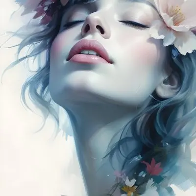 A White Woman Age 25 With Closed Eyes Surrounded By Flowers Light Pink Lips Light Skin In A Pink Background 21 09c4