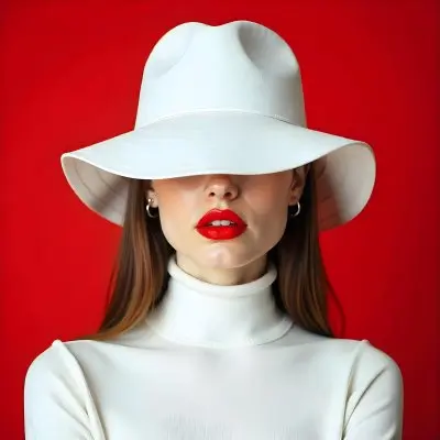 A White Woman Age 25 With Red Lips And A White Hat Covering Her Eyes Wearing A White Turtleneck Sweater Red Background 15 C872
