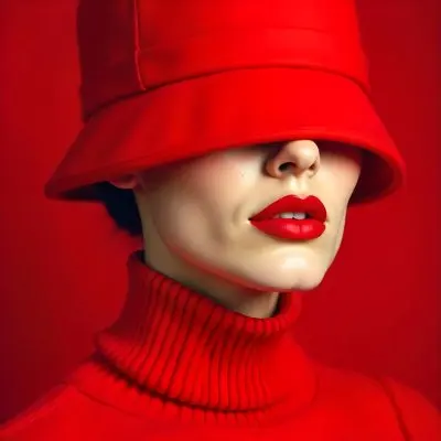 A White Woman Age 25 With Red Lips And A White Hat Covering Her Eyes Wearing A White Turtleneck Sweater Red Background 37 2d1d