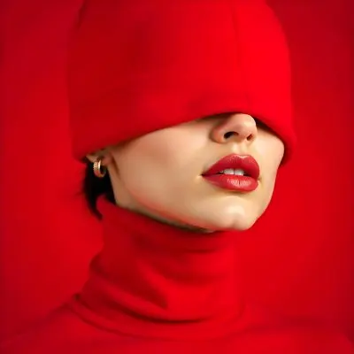 A White Woman Age 25 With Red Lips And A White Hat Covering Her Eyes Wearing A White Turtleneck Sweater Red Background 59 D021