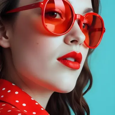 A White Woman Age 25 With White Lips And Sunglasses Red Shirt With Black Polka Dots In A White Background 21 039d