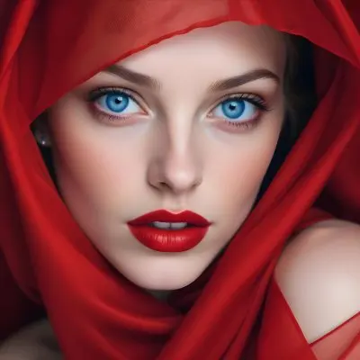 A White Woman Age 28 With Blue Eyes And Red Lips Wearing A Red Veil In A Studio With A Red Background 34 463a