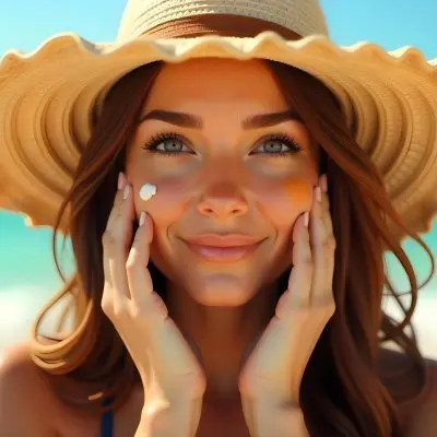 A White Woman Age 28 With Brown Hair Wearing A Straw Hat And Sunscreen On Her Face With Her Hands On Her Cheeks In A Beach 12 7030