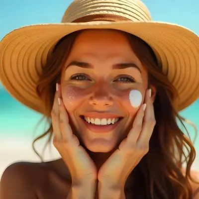 A White Woman Age 28 With Brown Hair Wearing A Straw Hat And Sunscreen On Her Face With Her Hands On Her Cheeks In A Beach 15 8a7c
