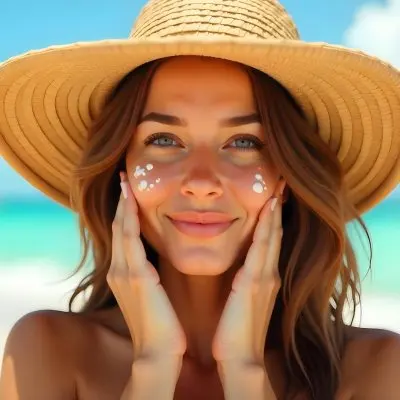 A White Woman Age 28 With Brown Hair Wearing A Straw Hat And Sunscreen On Her Face With Her Hands On Her Cheeks In A Beach 19 A526