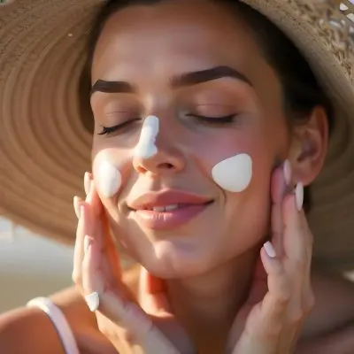 A White Woman Age 28 With Brown Hair Wearing A Straw Hat And Sunscreen On Her Face With Her Hands On Her Cheeks In A Beach 5 25d6