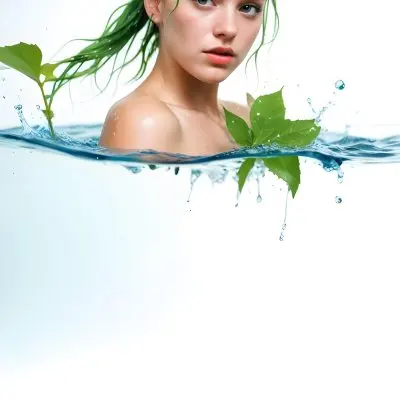 A White Woman Age 28 With Green Hair In A Water Splash With Green Leaves White Background 24 7265