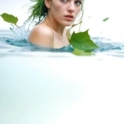 A White Woman Age 28 With Green Hair In A Water Splash With Green Leaves White Background 28 D8cc